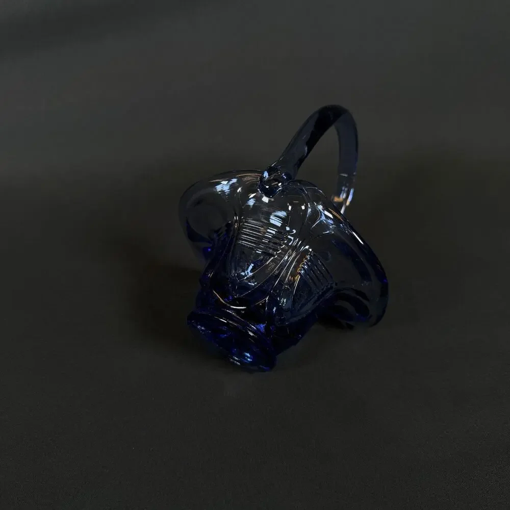 VINTAGE FENTON BLUE GLASS BASKET WITH HANDLE 6